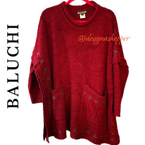 Baluchi Red Plush Nubby Art to Wear Tunic Sweater Long Sleeves Pockets O/S